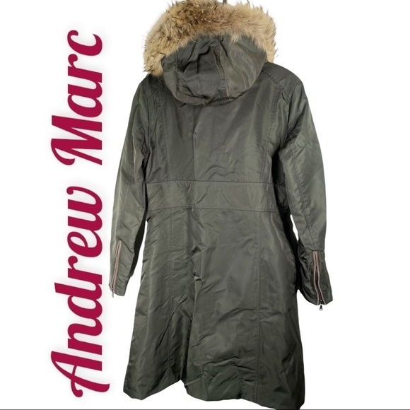 ANDREW MARC Olive Army Green Long Down Coat With Fur Trimmed Hood, Size Small - Picture 10 of 11